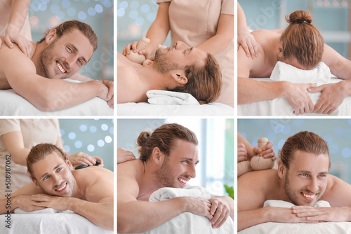 Collage with handsome young man having massage in spa center