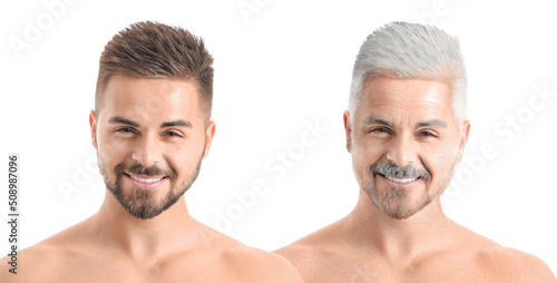 Handsome young man with cosmetic product on white background