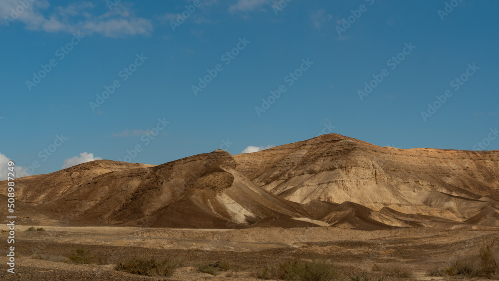 Naklejka premium Panorama of the beautiful landscape of the Negev Desert in southern Israel 