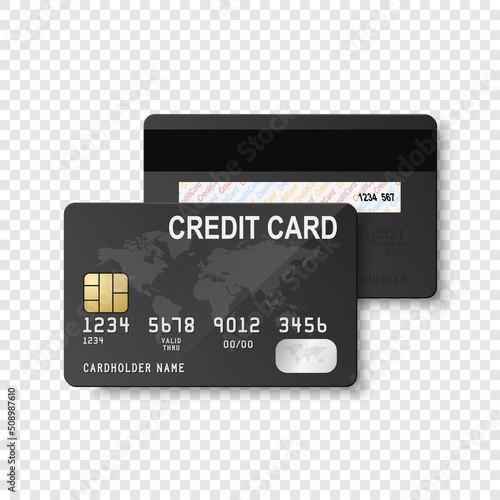Vector 3d Realistic Black Credit Card with Map Isolated. Design Template of Plastic Credit or Debit Card for Mockup, Branding. Credit Card Payment Concept. Front, Top View