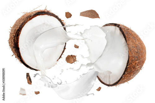 Broken coconut and splash of milk isolated on white