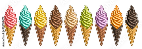 Vector Ice Cream Set, lot collection of 9 cut out different illustrations of realistic refreshing ice creams, horizontal banner with colorful twirl icecreams in waffle cones in row on white background