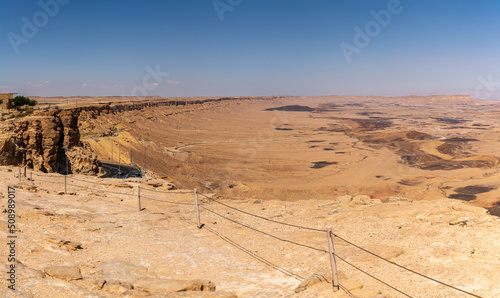Panoramic view of Makhtesh Ramon, Ramon Crater near Mitzpe Ramon in the Negev Desert in southern Israel.
