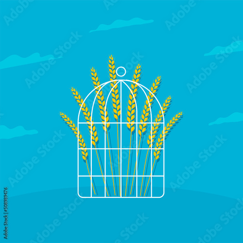 Wheat in a cage. a symbol of grain shortage, a harbinger of a global catastrophe, world famine, rising prices for bread.