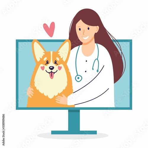 Happy veterinarian doctor with a dog on a computer monitor, online consultation