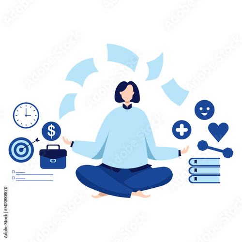 work live balance illustration with meditation woman. Different aspects of life. Vector isolated on white background