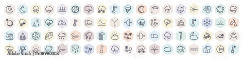 set of weather web icons in outline style. thin line icons such as night, hail, snow storms, smog, tsunami, freezing, thunderstorm, calm,  icon.