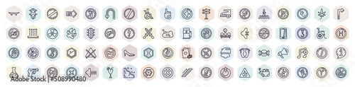 set of signs web icons in outline style. thin line icons such as skateboard, prohibition, disability, no shower, traffic, smarthphone, high heels, no entry, no parking icon.