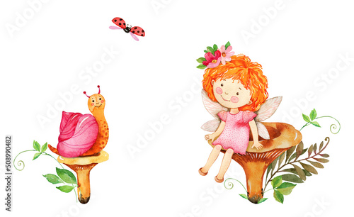 Woodland cute fairy watercolor illustration. Summer kids party decor. Forest magic fairytale clipart isolated on white background. Cartoon fairy character. Greeting, card, postcard, banner, poster