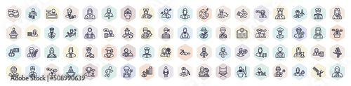 set of professions web icons in outline style. thin line icons such as actor, cashier, pharist, carpenter, dj, chef, waiter, mathematician, boxer icon.