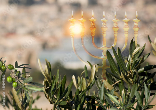 Jerusalem Temple Mount with golden Menorah and Olive Branches photo