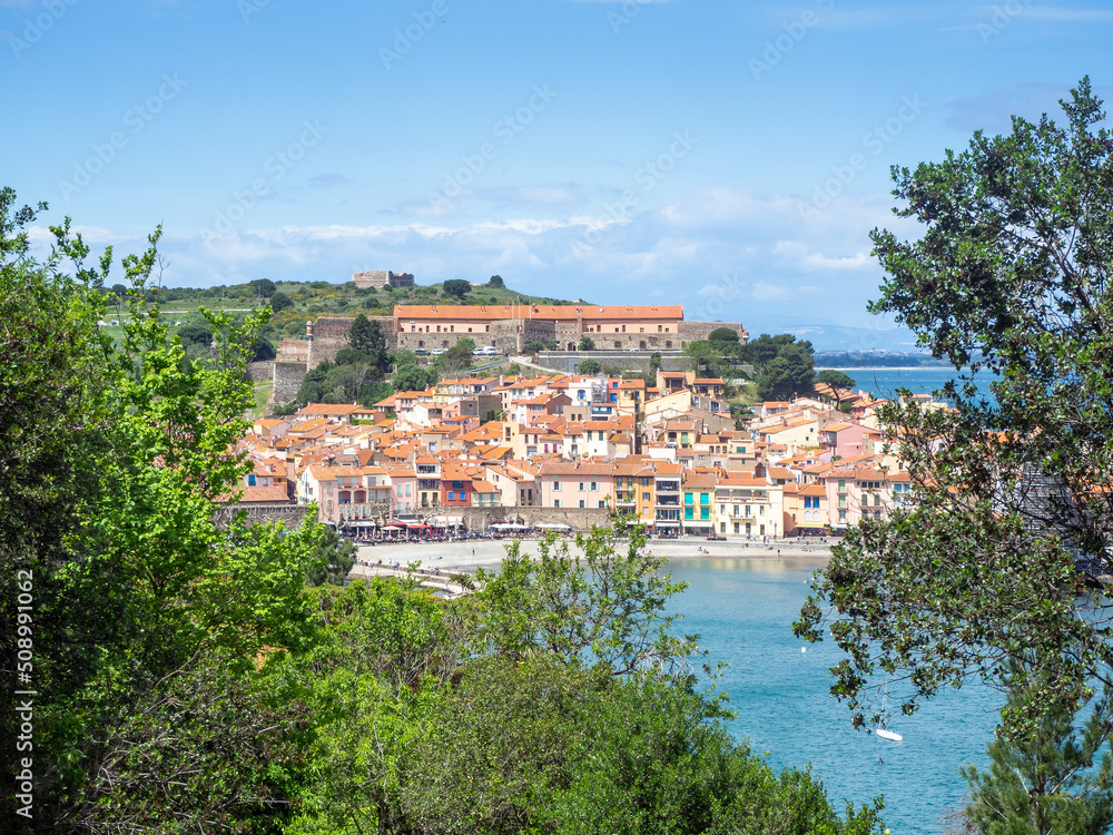 Obraz premium Vue sur le Fort Miradou et le village de Collioure, Pyrénées-Orientales, Occitanie, France