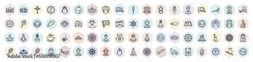 set of india web icons in outline style. thin line icons such as taj mahal, gtic, krishna, devi, malai kofta, telugu language, chakra, rangoli, sarai icon.