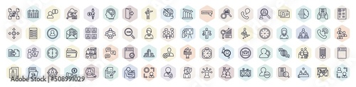 set of human resources web icons in outline style. thin line icons such as multitask, grievance, boss, contact, candidates, women, approved, application, hired icon.