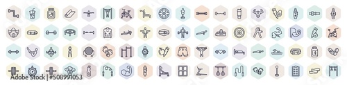 set of gym and fitness web icons in outline style. thin line icons such as resistance, phytonutrients, simulator for press, protein shake, horizontal bar, steroids, gym ladder, protein, barbell