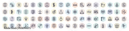set of general web icons in outline style. thin line icons such as ar presentation, data aggregation, gmo, credit score, filament, hr policies, ar app, business networking, ar game icon.