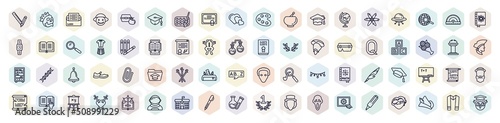 set of education web icons in outline style. thin line icons such as school material, invitation, merit, earth globe, crayon, abc, three musketeers, manuscript, test tubes icon.