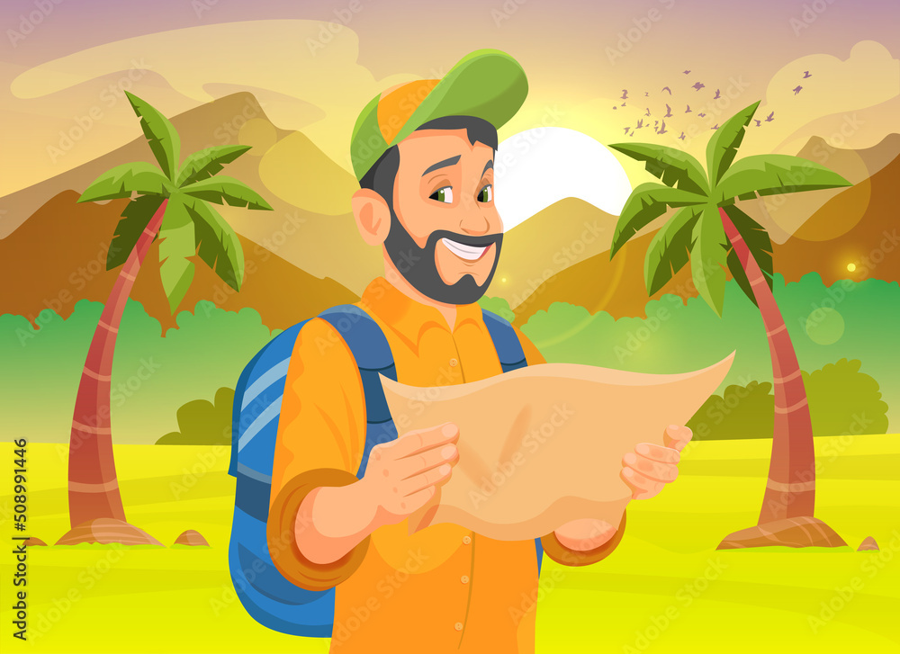 Tourist male character holding a map on nature background. Tourist with big backpack is going hiking.