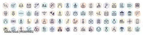 set of birthday and party web icons in outline style. thin line icons such as kiss, relationship, headband, cake slice, wedding wine, guests book, wedding car, blower, mirror ball icon.