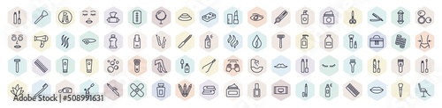 set of beauty web icons in outline style. thin line icons such as mascara, women makeup, three stones, liquid makeup, mouthwash, make up, legs, hair clipper, folded towel icon.