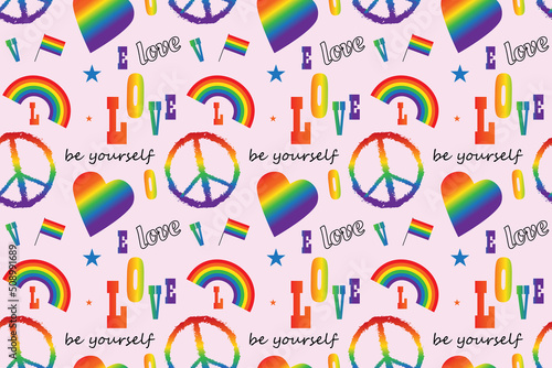 LGBT symbols - seamless pattern on white background. Flags, hearts, rainbows, badges - in LGBT colors. Lettering: Love, Be yourself.  Colorful pride designs. Vector illustration.