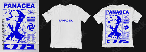 Modern poster with statue of david with text "Panacea" . In Techno style, print for streetwear, for t-shirts, hoodies, and sweatshirts. Isolated on white background