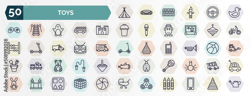 set of toys web icons in outline style. thin line icons such as tent toy, duck toy, bouncy castle toy, spinning drum et teddy bear rattle castle spinner icon.