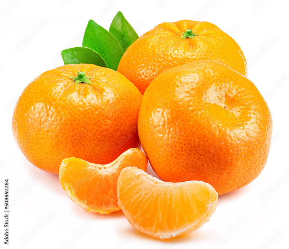 Ripe tangerine fruits with leaf and mandarin slices on white background. Ripe tangerine fruits with leaf and mandarin slices on white background.