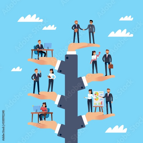 Business management. Hierarchy of employees in company, different departments, career growth, professional development opportunities. Leader and subordinates. Vector cartoon flat concept