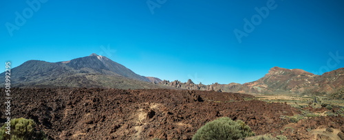 Unique landscape of Teide National Park and view of Teide Volcano peak. Tenerife Island.