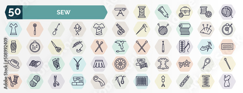 set of sew web icons in outline style. thin line icons such as ironing board, yarn, garment, pin cushion, suture, seam, threads, leather, wool ball, knit icon.