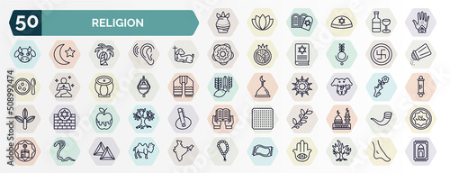 set of religion web icons in outline style. thin line icons such as kalasha, henna painted hand, lamb of god, swastica, jewish incense, elephant, and honey, olive branch, cobra, magic carpet icon.