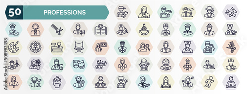 set of professions web icons in outline style. thin line icons such as plumber, carpenter, guide, engineer, director, physician assistant, pediatrician, racer, scientist, graduated icon. photo