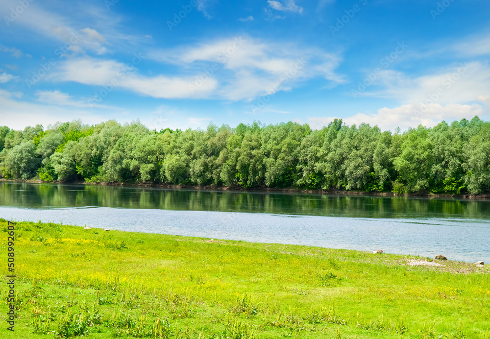 calm river and green hills with blooming wild flowers and trees at sunny summer day.
