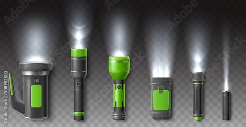Flashlights with rays. Luminous realistic electric torches, flashing night lamps isolated on transparent background, directional lights, tourist or tactical equipment, vector set
