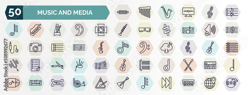 set of music and media web icons in outline style. thin line icons such as harmonica, quarter note rest, music spotlight, low volume speaker, half note, octave, clave, minim, synthesizer, thirty