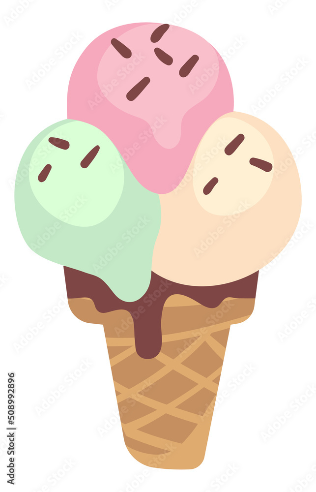 Ice cream flat. Three balls in waffle cone, summer cold dessert, pistachio vanilla and strawberry ice-cream, sundae shop or cafe decoration element, vector isolated illustration Ice cream flat. Three balls in waffle cone, summer cold dessert, pistachio vanilla and strawberry ice-cream, sundae shop or cafe decoration element, vector isolated illustration