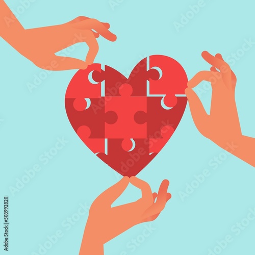 Health care team in unity. Hands assemble heart puzzle. Volunteer teamwork, joint help, sharing love, support and donation. People mutual assistance. Vector cartoon flat charity concept