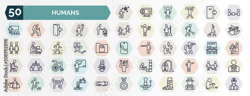 set of humans web icons in outline style. thin line icons such as man dancing, give over, feeding, fitness exercises, carrying on back, nature photographer, wheel chair, vacuum cleaning, smortsmen,