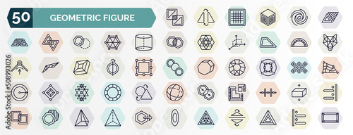 set of geometric figure web icons in outline style. thin line icons such as exclude, triangles couple, cylinder, semicircle, mirror horizontally, constraint, sri yantra, segment, background,