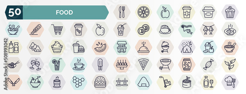 set of food web icons in outline style. thin line icons such as knife and fork, zombie muffin, fruit, dried fish, hamburguer & drink, night camping, cold drink, closed barbacue, fruit salad, rice