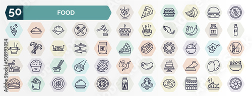 set of food web icons in outline style. thin line icons such as vegan, , fair, protein container, sardines, rice bowl, sushi and chopsticks, five birthday cake, onion rings, ring pop icon.