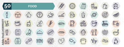 set of food web icons in outline style. thin line icons such as brochette, snack booth, hot herbal, mapo tofu, fallen, tropical drink, thermo flask, sippy cup, pack, tea ceremony icon.