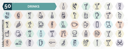 set of drinks web icons in outline style. thin line icons such as wine bottles, absinthe, brandy, daiquiri, brewery, energy drink, mai tai, herbal liquor, ham, planter's punch icon.