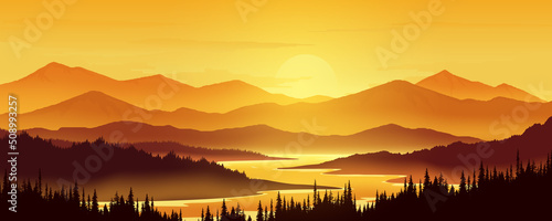 pine forest and mountain shadow and river in the evening