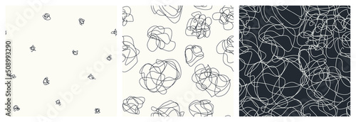 Abstract scribbles seamless pattern set. Vector background collection in neutral black and off-white colors with scattered strokes and curved lines.