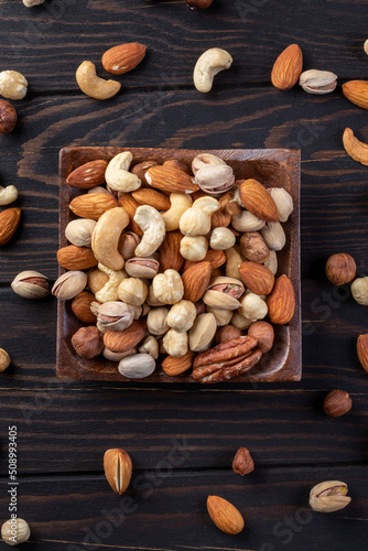 Cashew, almond, peanut, walnut nuts in a wooden bowl. Top view.