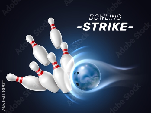 Realistic bowling strike ball. High speed trajectory, flying downed pins, crashing 3d isolated element, dark backdrop, team game with skittles, playing championship poster, vector background