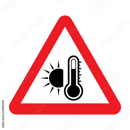 High temperature warning sign. Vector illustration of red triangle sign with sun and thermometer icon inside. Caution symbol isolated on background. Summer concept. Very hot and scorching.