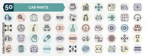 set of car parts web icons in outline style. thin line icons such as car demister, car fan, cowl, gearbox, roof, tyre, door, mud flap, oil filter, brake icon.
